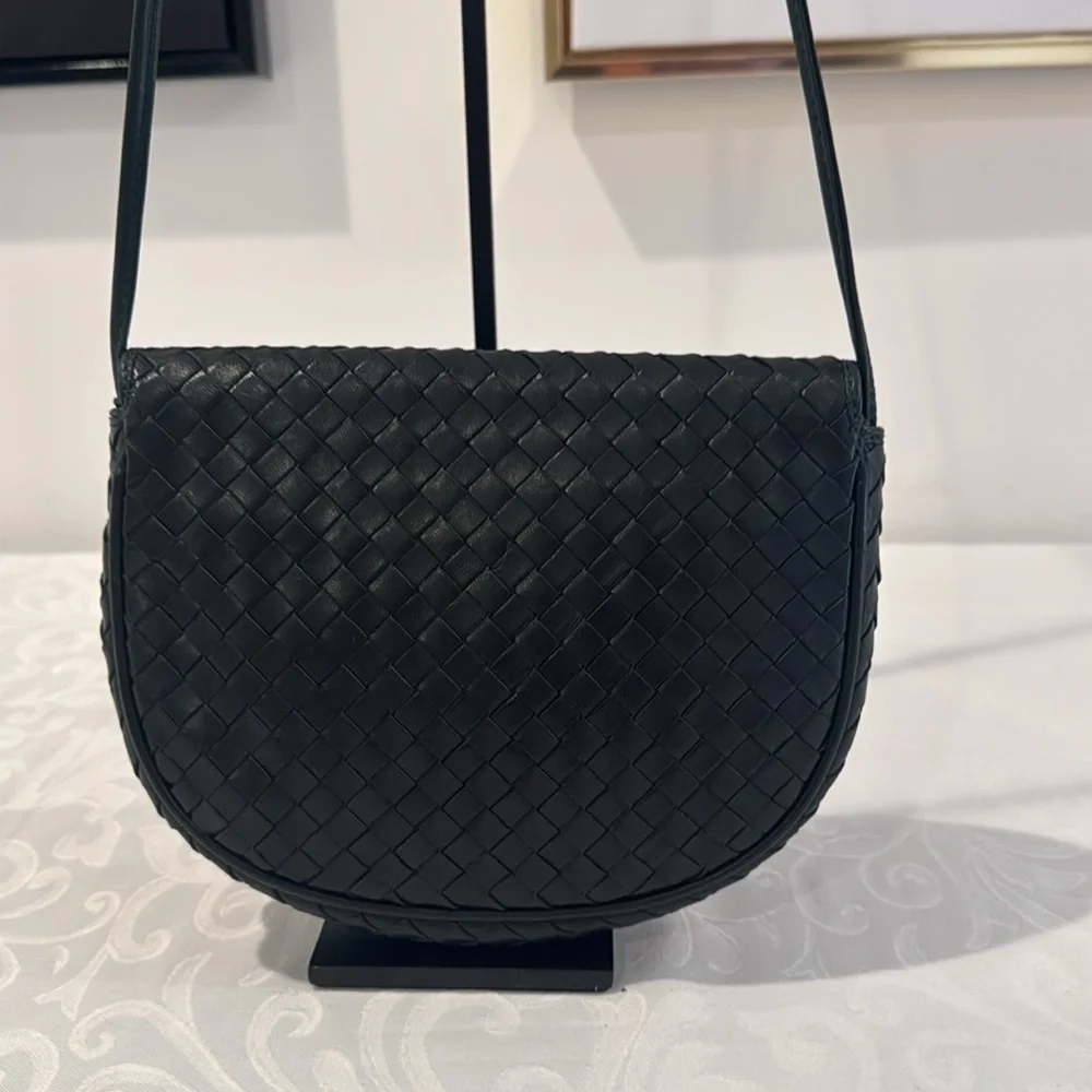 Black/Deep Green Woven Leather Crossbody Bag with Tassel